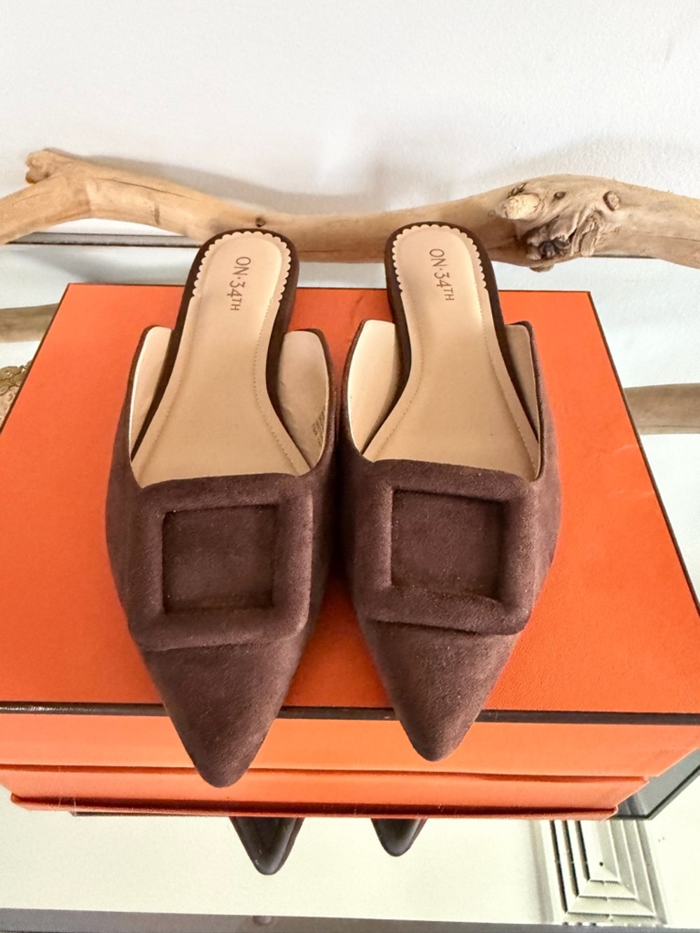 ON.34TH Brown Suede Pointed Mule with Square Accent - Picture 3 of 6